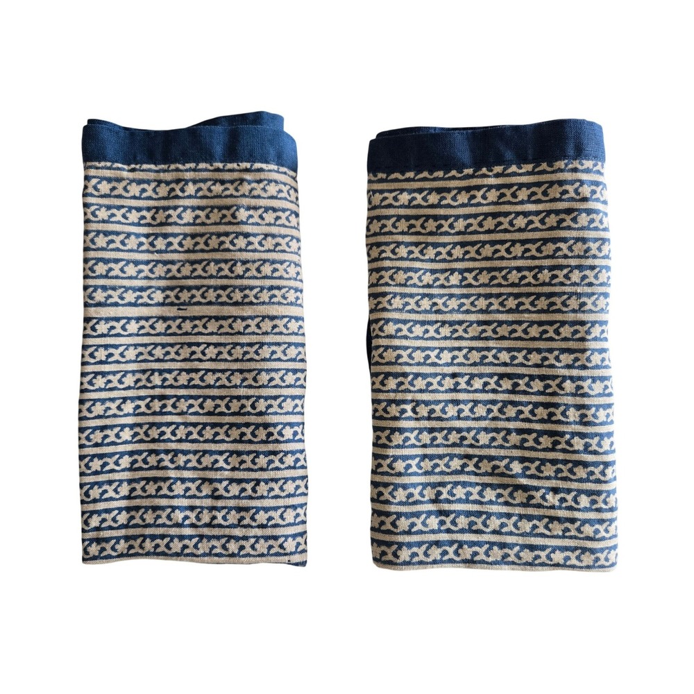West‎ Elm Marlowe Blue Beige Floral Striped 100% Linen Napkins Set of 2 20x20